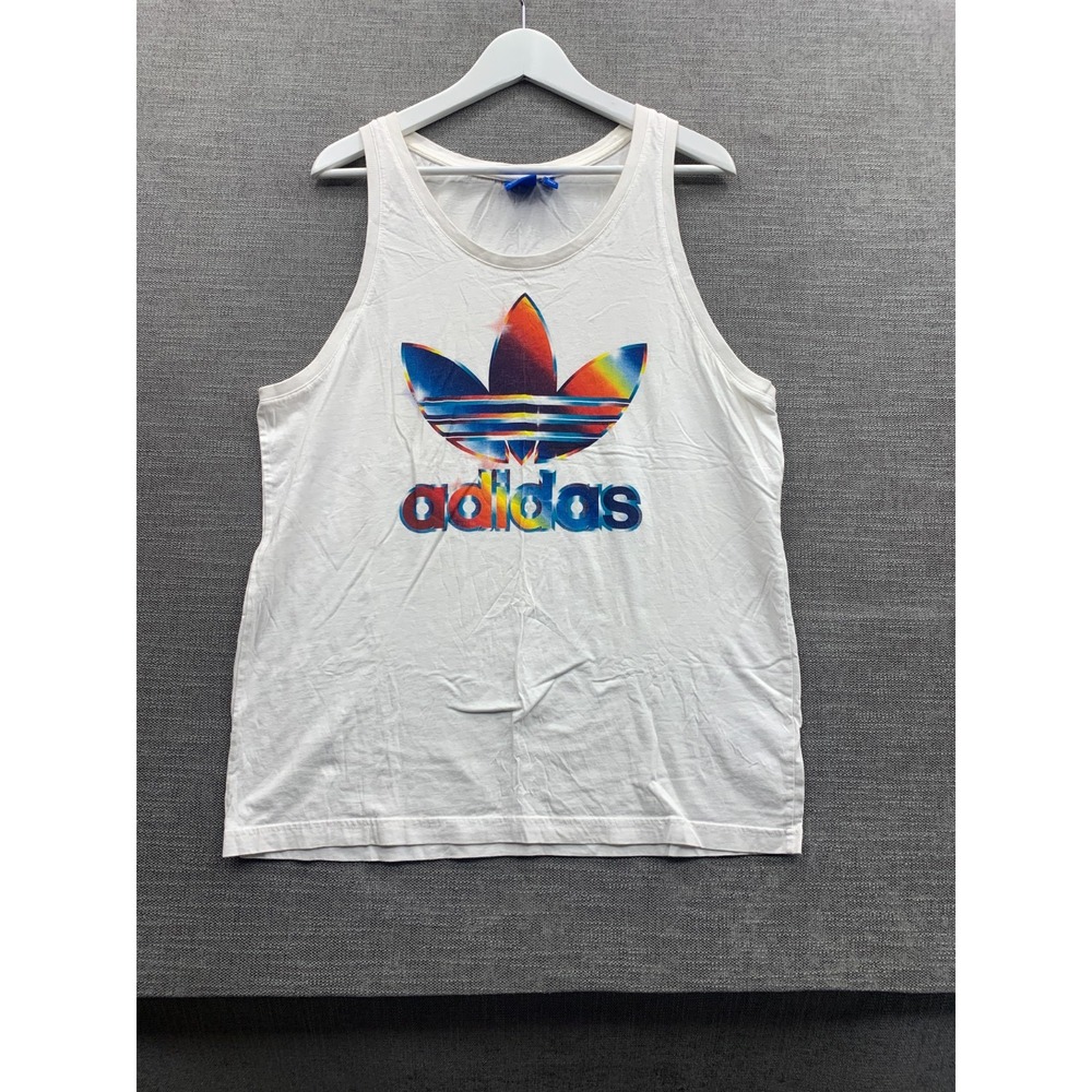 Adidas Originals Tank Top Mens Large White Multi Graphic Print Big Trefoil Logo